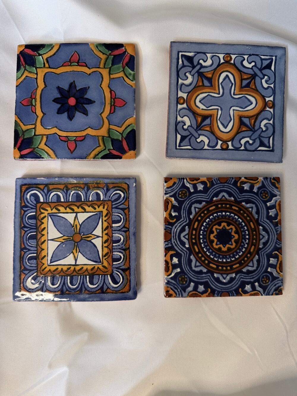 Set of 4 Mexican Clay Tile Coasters with Cork Background - Blue Cross